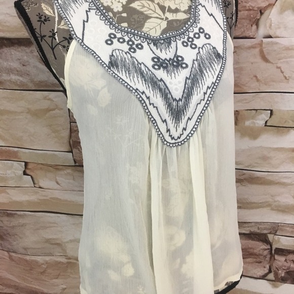 H.I.P. Embroidered Yoke Sheer Flowy Sleeveless Swing Tank Blouse Cream Gray - Picture 3 of 8